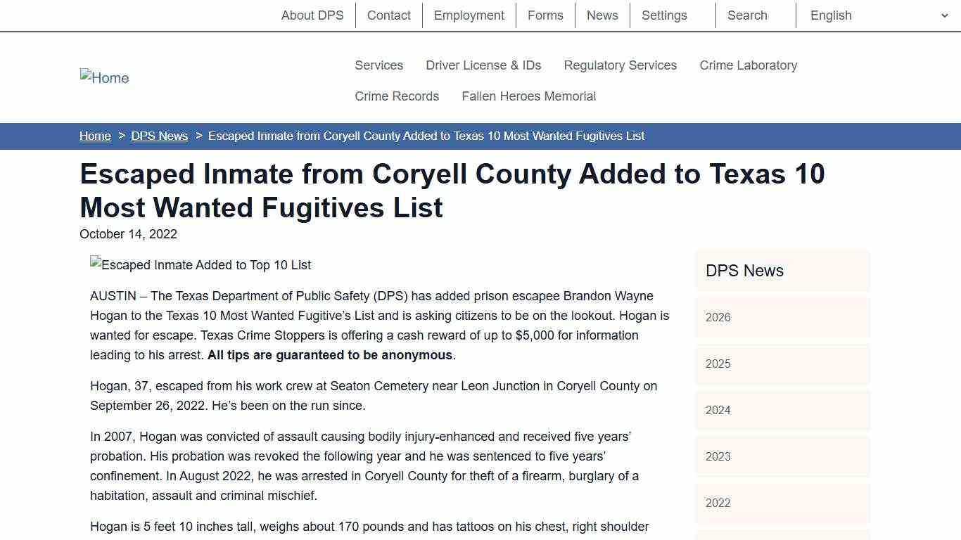 Escaped Inmate from Coryell County Added to Texas 10 Most Wanted Fugitives List Department of Public Safety